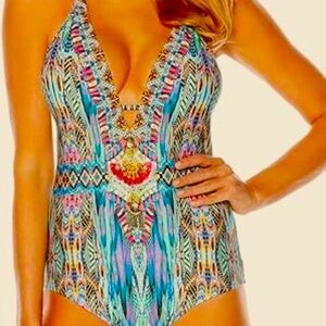 NWT LAUNDRY by Shelli Segal Deep Plunge Paisley One-piece Swimsuit XS